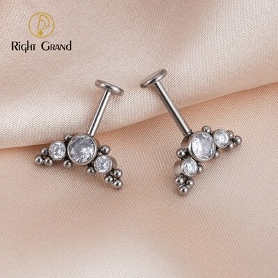 Right Grand ASTM F136 Titanium  Internally Threaded Curved Bezel Setting Zircon Bead Clusters Vertical Helix Cartilage Ear Tragus Piercing