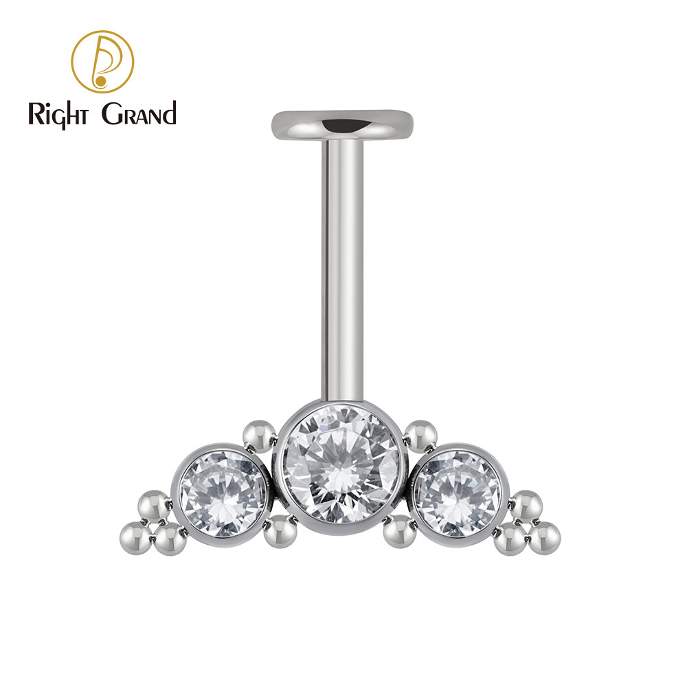 Right Grand ASTM F136 Titanium  Internally Threaded Curved Bezel Setting Zircon Bead Clusters Vertical Helix Cartilage Ear Tragus Piercing