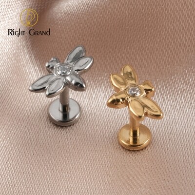 Right Grand ASTM F136 Titanium 16G Internally Threaded CZ Dragonfly Earring Labret Lip Piercing Tragus Helix Cartilage Ear Studs Piercing