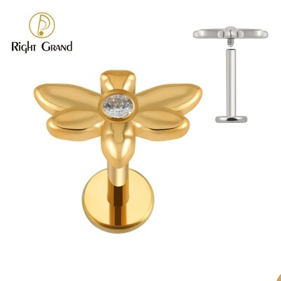 Right Grand ASTM F136 Titanium 16G Internally Threaded CZ Dragonfly Earring Labret Lip Piercing Tragus Helix Cartilage Ear Studs Piercing