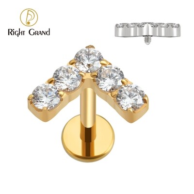 Right Grand ASTM F136 Titanium  Internally Threaded CZ Boomerang Labret Cartilage Helix Tragus Earring Stud Piercing