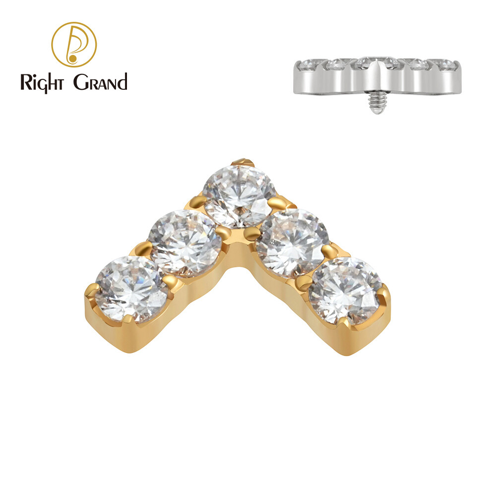 Right Grand ASTM F136 Titanium Internal Thread Prong Setting CZ Boomerang Internally Threaded  Labret Top Ends