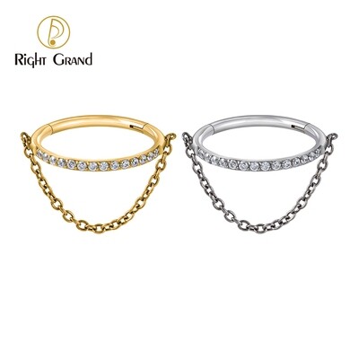 Right Grand ASTM F136 Titanium Mirror Polish Chain CZ Hinged Nose Ring Clicker for Cartilage Helix Tragus Conch Piercing Jewelry(Chain only can anodize from 12V-65V)