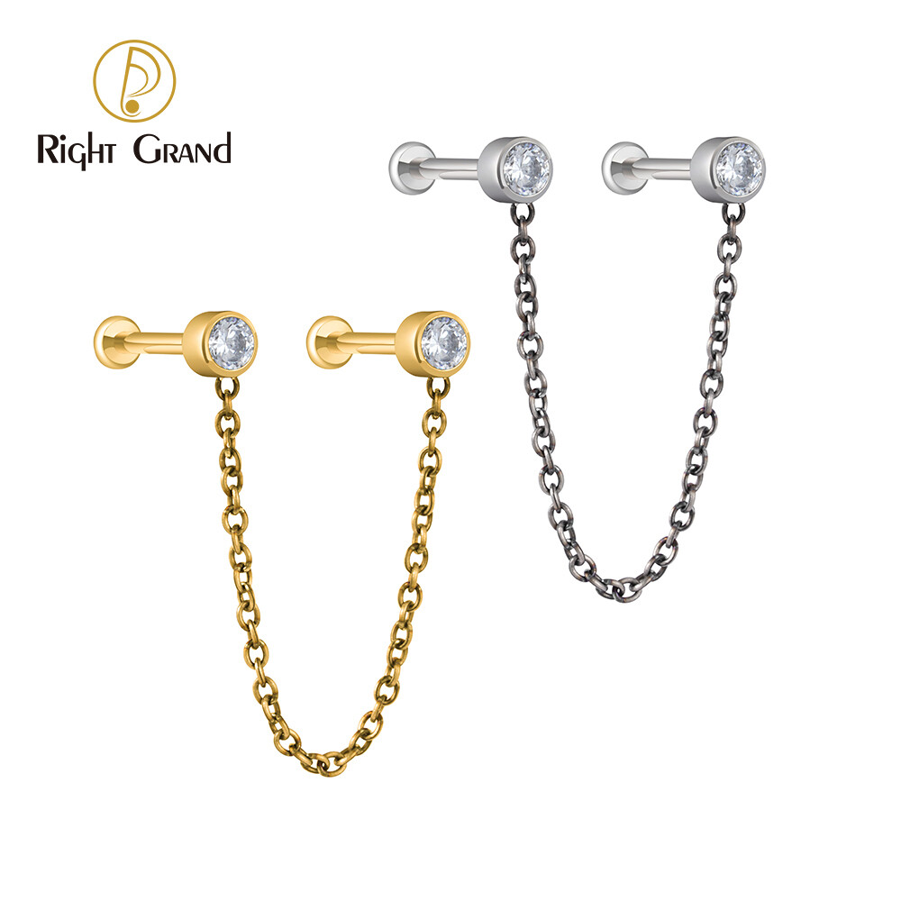 Right Grand ASTM F136 Titanium Double Piercing Stud Earrings Tassel Chain Drop Dangle Cartilage Helix Tragus Climber Earring