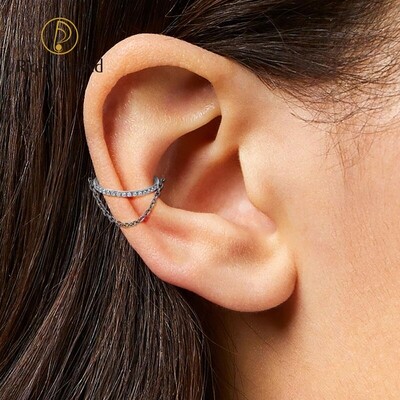Right Grand ASTM F136 Titanium Mirror Polish Chain CZ Hinged Nose Ring Clicker for Cartilage Helix Tragus Conch Piercing Jewelry(Chain only can anodize from 12V-65V)