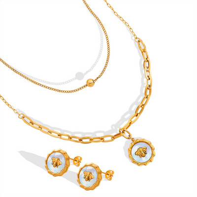 Right Grand 2022 Fashion Women White Shells Bee Pendant Necklace Earrings Stainless Steel Gold Plated Jewelry Set