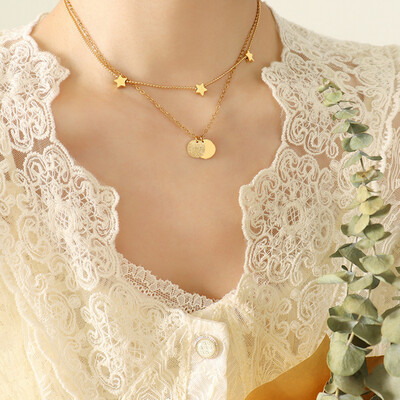 Right Grand Korean Ins Trendy  Stainless Steel Triple Stars Coin Double layer Choker Necklace For Women