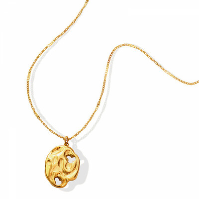 Right Grand Fashion Vintage Women 18K Gold Plated Hollow Irregular Hammered Pendant Stainless Steel Necklace