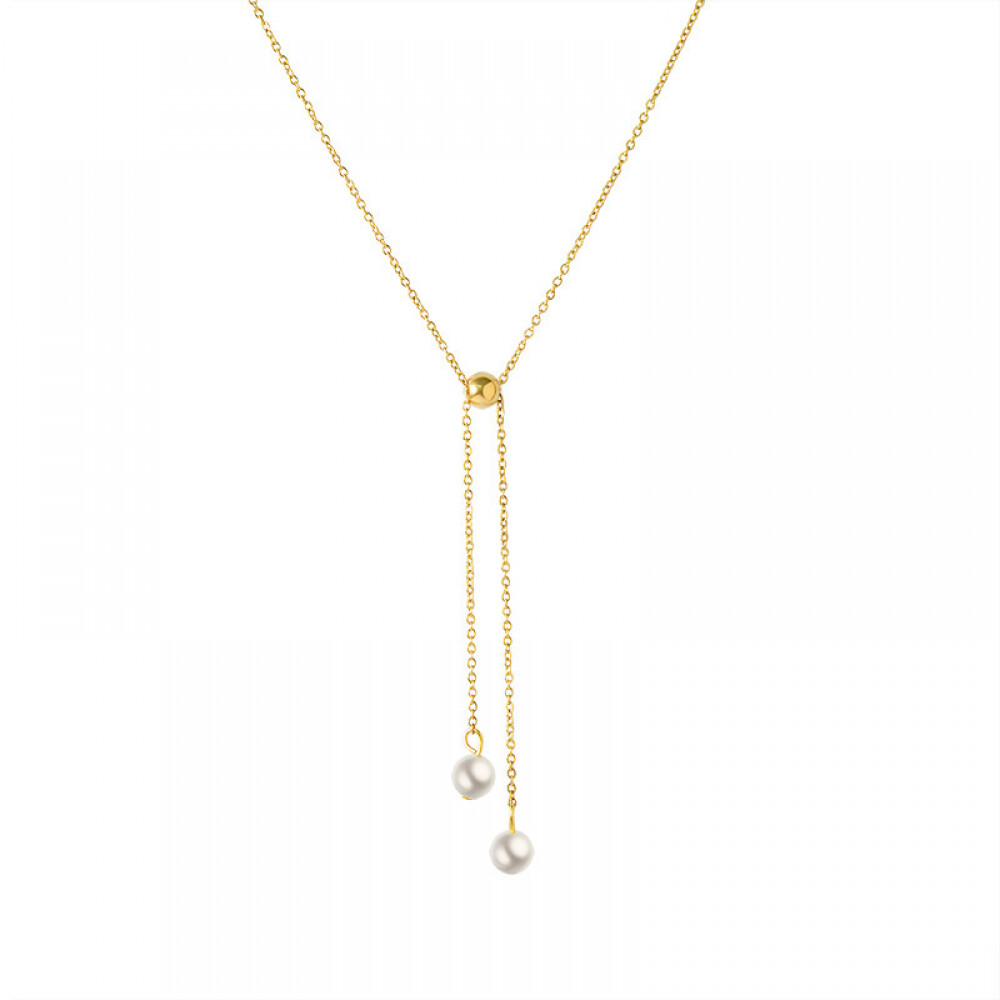 Right Grand Fashion Women Adjustable Stretch Pulled Long Necklace Jewelry Set 18K Gold Plated White Pearl Bracelet