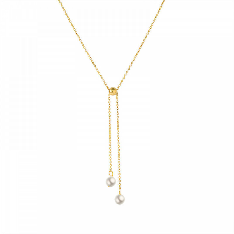 Right Grand Fashion Women Adjustable Stretch Pulled Long Necklace Jewelry Set 18K Gold Plated White Pearl Bracelet