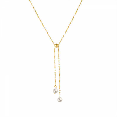 Right Grand Fashion Women Adjustable Stretch Pulled Long Necklace Jewelry Set 18K Gold Plated White Pearl Bracelet