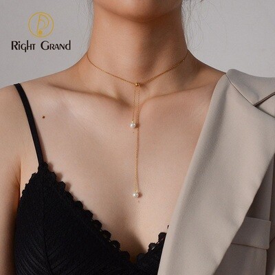 Right Grand Fashion Women Adjustable Stretch Pulled Long Necklace Jewelry Set 18K Gold Plated White Pearl Bracelet