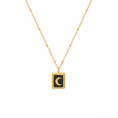 Right Grand Fashion Dainty Enamel Jewelry Stainless Steel 18K Gold Plated Geometric Square Moon Pendant Necklace
