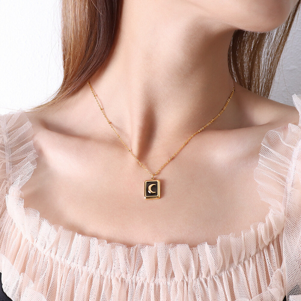 Right Grand Fashion Dainty Enamel Jewelry Stainless Steel 18K Gold Plated Geometric Square Moon Pendant Necklace, color: 18K Gold, size: Necklace(40+5cm)