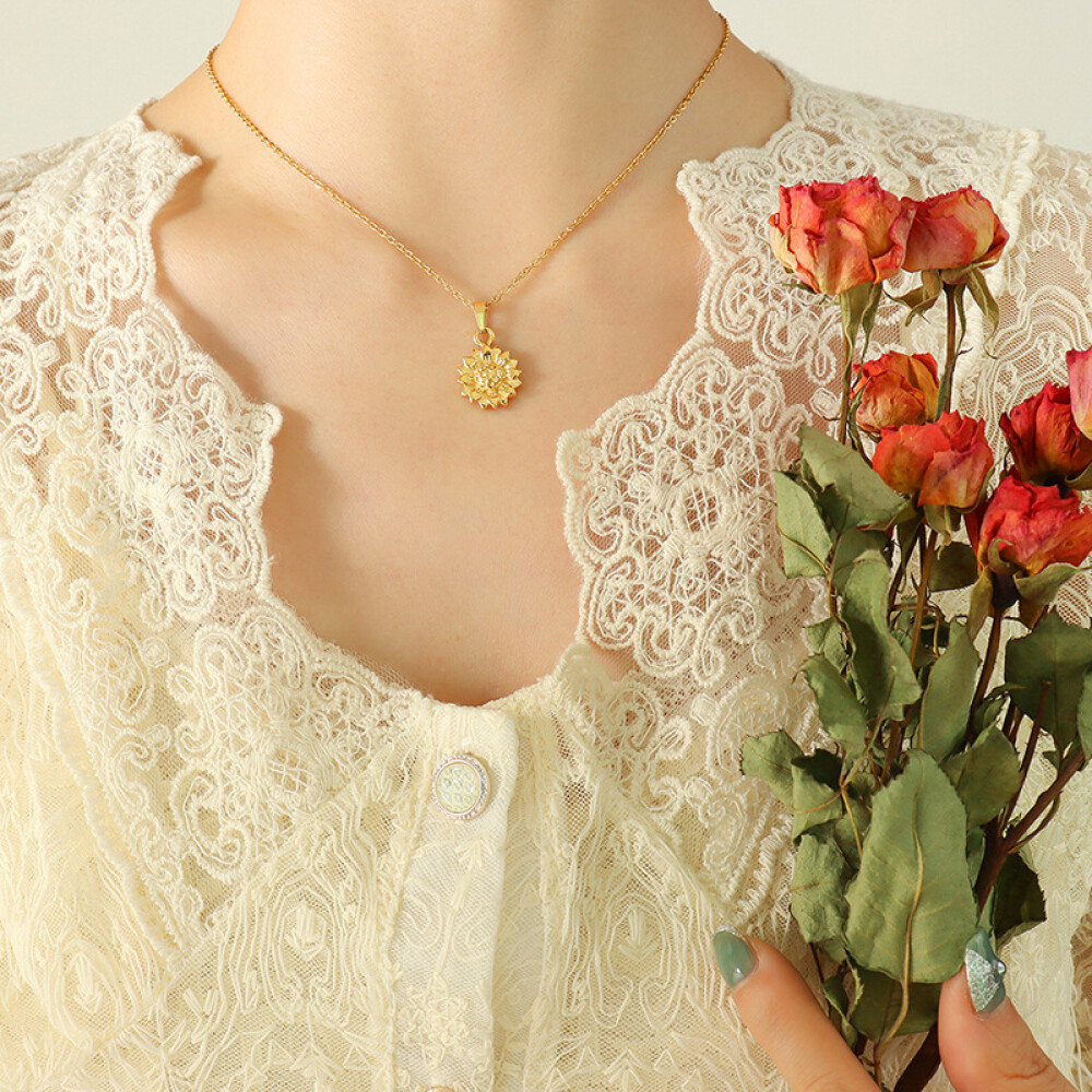Right Grand  Fashion Jewelry Collares Girasoles 18K Gold Plated Stainless Steel Sunflower Pendant Necklace, color: 18K Gold, size: Necklace(40+5cm)