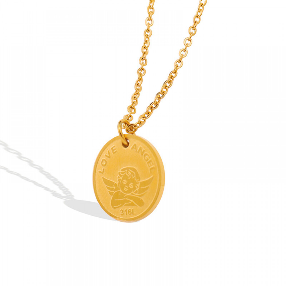 Right Grand  2023 Fashion Light Luxury Stainless Steel Angel Round Coin Pendant Necklace, color: 18K Gold, size: Necklace(40+5cm)