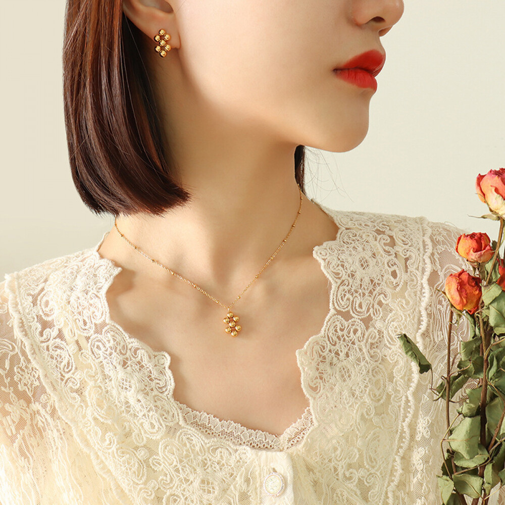 Right Grand Trendy Popular Stainless Steel Bead Pendant Necklace Earrings Gold Plated Women Fashion Jewelry Sets, color: 18K Gold, size: Necklace（40+5cm）