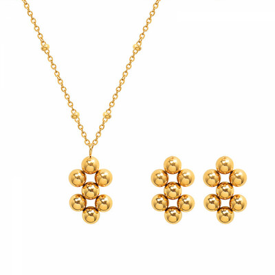Right Grand Trendy Popular Stainless Steel Bead Pendant Necklace Earrings Gold Plated Women Fashion Jewelry Sets
