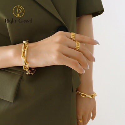 Right Grand Fashion Simple Trendy 18K Gold Plated Screw Stripe Statement Stainless Steel Tarnish Free Rings For Women