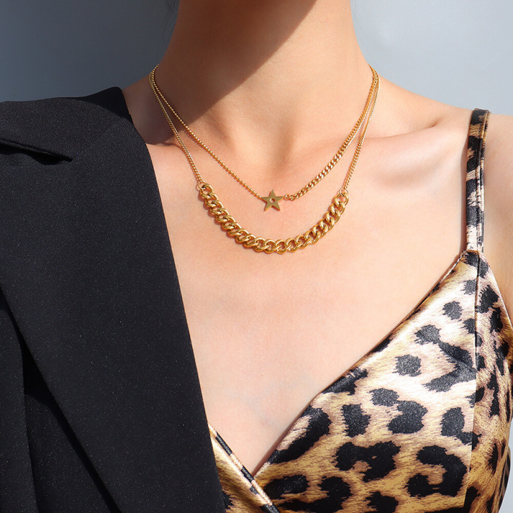 Right Grand  Fashion European And American Necklace Thick Chain Pendant Trendy Double Layered Necklace Women&#39;s Clavicle Chain Titanium Steel Jewelry, color: 18K Gold, size: Necklace