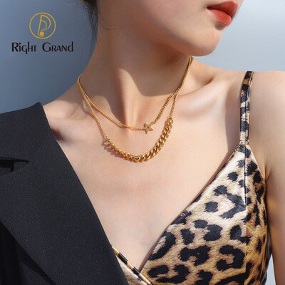 Right Grand  Fashion European And American Necklace Thick Chain Pendant Trendy Double Layered Necklace Women's Clavicle Chain Titanium Steel Jewelry