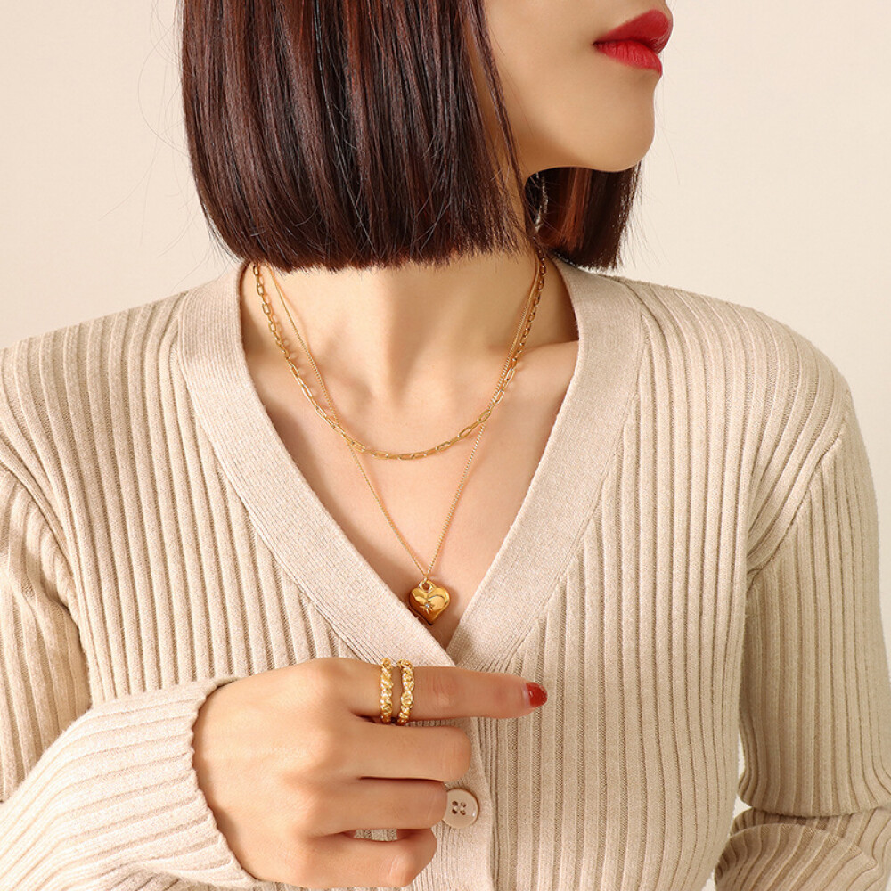 Right Grand Vintage Trendy Women Fashion Jewellery Gold Plated Heart Stainless Steel Layered Necklace, color: 18K Gold, size: Necklace(50+5cm)&amp;(42+5cm)