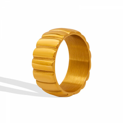 Right Grand Fashion Simple Trendy 18K Gold Plated Screw Stripe Statement Stainless Steel Tarnish Free Rings For Women