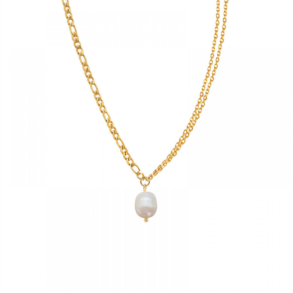 Right Grand Trendy Minimalist Fashion Women Jewelry Stainless Steel Double Layer Gold Plated 18K Real FreshWater Pearl Necklace, color: 18K Gold, size: Necklace(40cm+5cm Extension)