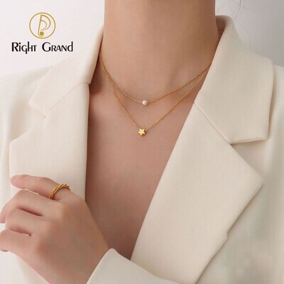 Right Grand Trendy Delicate Women Fashion Jewelry Stainless Steel 18K Gold Plated Double Layered Star Sign Imitation Pearl Necklace