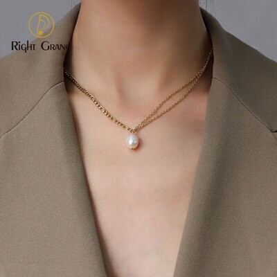 Right Grand Trendy Minimalist Fashion Women Jewelry Stainless Steel Double Layer Gold Plated 18K Real FreshWater Pearl Necklace