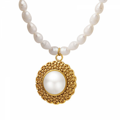 Right Grand New Fashion Vintage Luxury Ladies Honeycomb Straw Hat Design Big Pendant Necklace Baroque FreshWater Pearl Jewelry