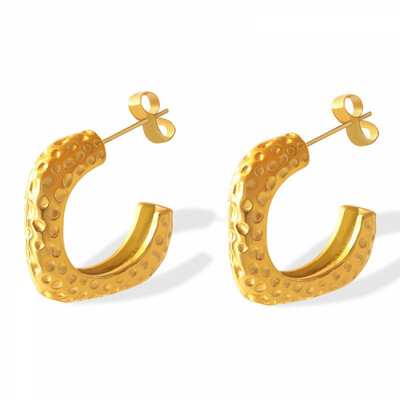 Right Grand New Fashion Unique Design Women Jewelry Bump Embellishment C Shaped Stainless Steel Hoop Earrings 18K Gold Plated
