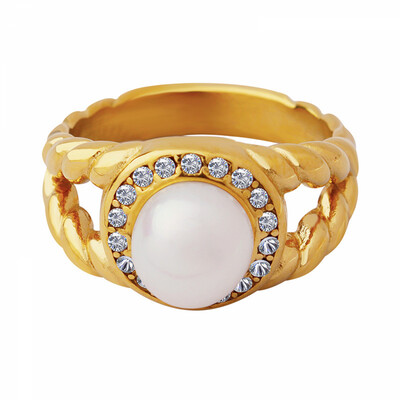 Right Grand New Fashion Chunky Gold Plated Cubic Zirconia Stainless Steel Women Jewelry Mount FreshWater Pearl Rings