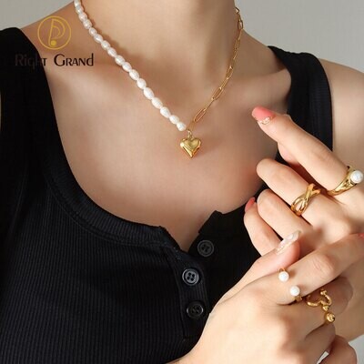 Right Grand New Fashion Trendy Jewelry Stainless Steel 18K Gold Plated FreshWater Pearl Love Heart Necklace Choker For Women
