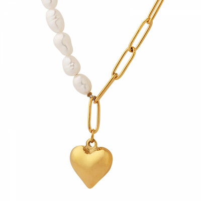 Right Grand New Fashion Trendy Jewelry Stainless Steel 18K Gold Plated FreshWater Pearl Love Heart Necklace Choker For Women