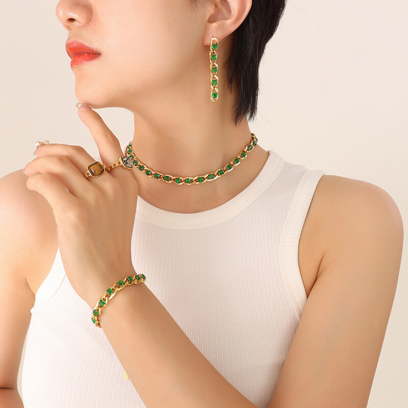 Right Grand 2023 Trendy Popular Fashion Zircon Chains Necklace Earring Bracelet Gold Plated Stainless Steel Zirconia Jewelry Set For Women