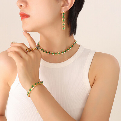Right Grand 2023 Trendy Popular Fashion Zircon Chains Necklace Earring Bracelet Gold Plated Stainless Steel Zirconia Jewelry Set For Women
