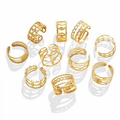 Right Grand New Fashion Trendy PVD Gold Plated Adjustable Layered Stainless Steel Jewelry Women Finger Ring Sets
