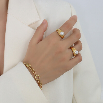Right Grand Trendy Elegant Fashion Trendy Anillo De Perla Stainless Steel Women Jewelry 18K Gold Imitation Pearl Ring
