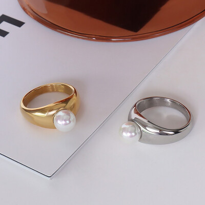 Right Grand Trendy Elegant Fashion Trendy Anillo De Perla Stainless Steel Women Jewelry 18K Gold Imitation Pearl Ring