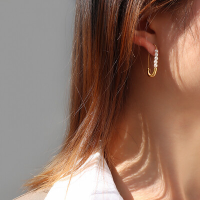 Right Grand New Trendy Vintage Simple Paper Clip Imitation Pearl Stainless Steel Hoop 18K Gold Plated Earrings