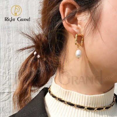 Right Grand New Trendy Stainless Steel Pendientes De Perlas Gold Plated Irregular Rectangle Dangling Drop Freshwater Pearl Earrings For Women