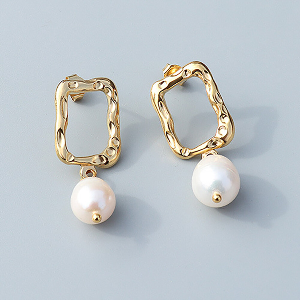 Right Grand New Trendy Stainless Steel Pendientes De Perlas Gold Plated Irregular Rectangle Dangling Drop Freshwater Pearl Earrings For Women, color: 18K Gold, size: Earring