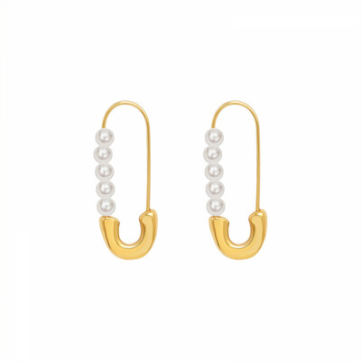 Right Grand New Trendy Vintage Simple Paper Clip Imitation Pearl Stainless Steel Hoop 18K Gold Plated Earrings