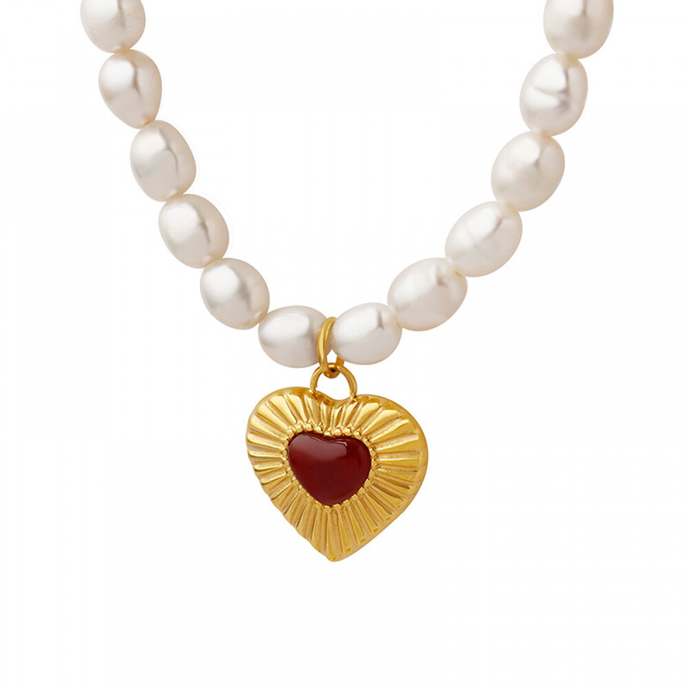 Right Grand Women Fashion Jewelry Vintage Agate Heart Shaped Pendant Stainless Steel Freshwater Pearl Necklace