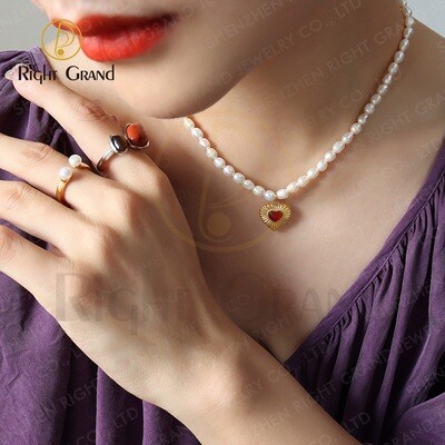 Right Grand Women Fashion Jewelry Vintage Agate Heart Shaped Pendant Stainless Steel Freshwater Pearl Necklace