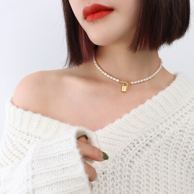 Right Grand New Fashion Stainless Steel Fashion Jewelry Women 18K Gold Plating Pendant Lock Freshwater Pearl Necklace