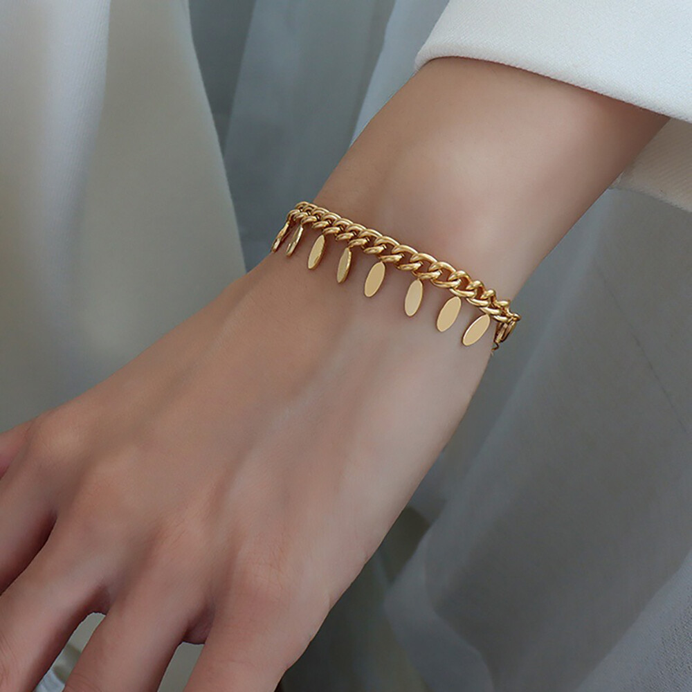 Right Grand Simple Fashion 18k Gold Plated Leaf Oval Tassel En Acier Inoxydable 2022 Womens Stainless Steel Bracelet, color: 18K Gold, size: Bracelet