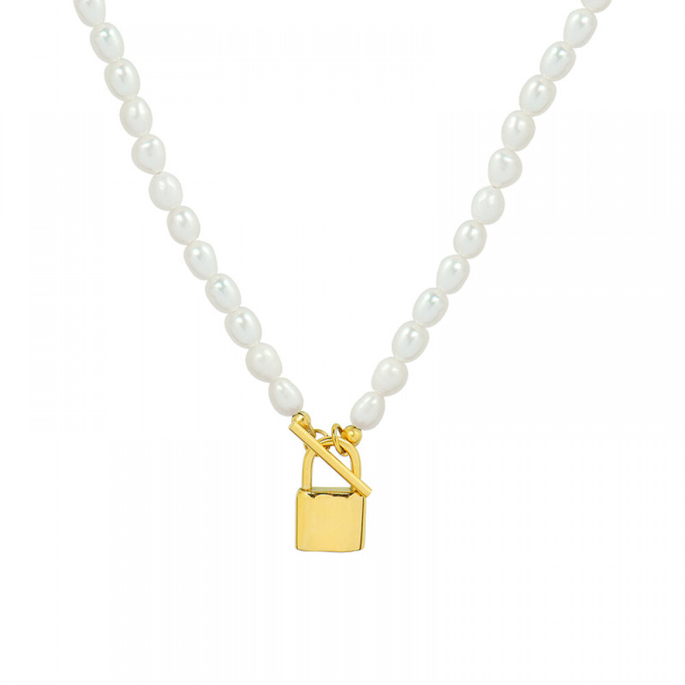 Right Grand New Fashion Stainless Steel Fashion Jewelry Women 18K Gold Plating Pendant Lock Freshwater Pearl Necklace