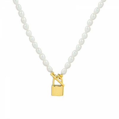 Right Grand New Fashion Stainless Steel Fashion Jewelry Women 18K Gold Plating Pendant Lock Freshwater Pearl Necklace